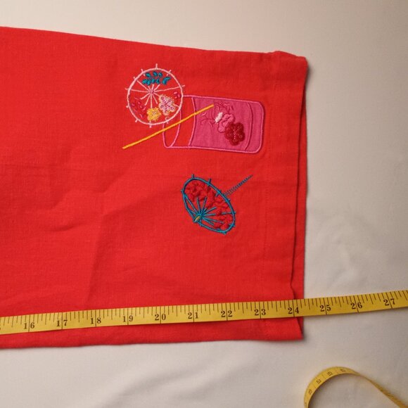 Linen Blend Cropped Pants Size L Hot Coral Pink Tiki Design High Rise Straight - Picture 9 of 10